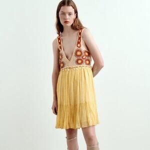 ZARA yellow crochet babydoll mini dress size small